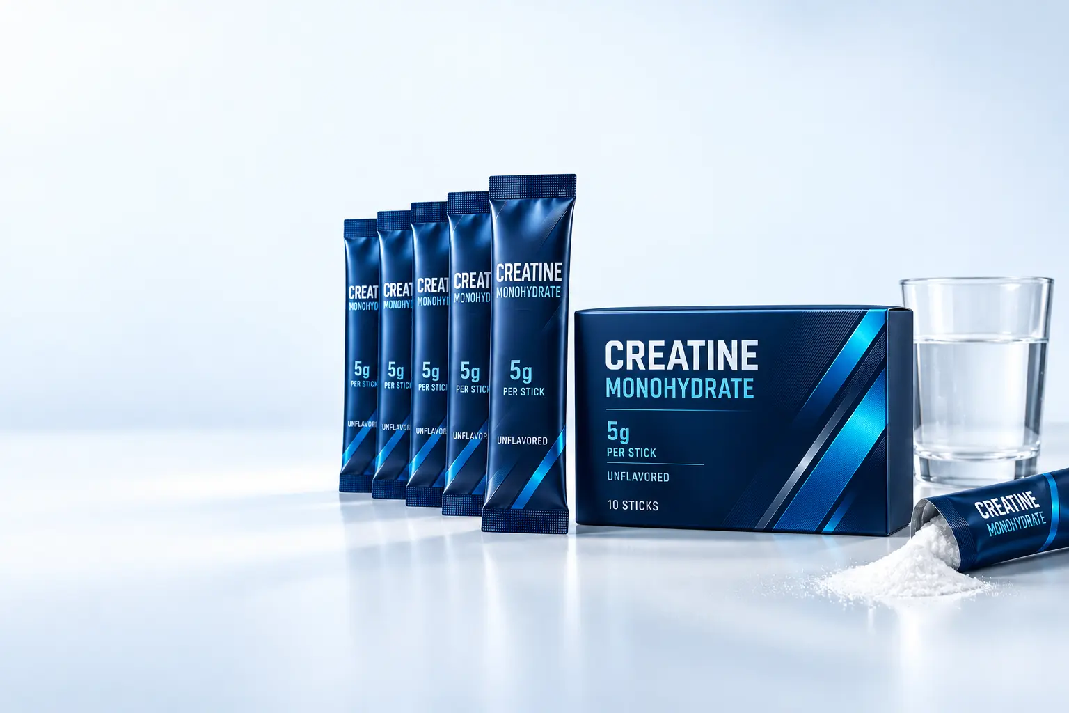 Horizontal creatine monohydrate retail box and tall single-serving stick packs shown at their correct relative proportions